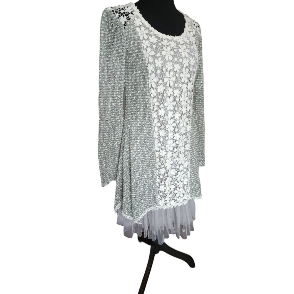 Ryu Sage Green Lace Tulle Hem Tunic Dress Long Sleeve Floral Mixed Media Small - Picture 4 of 11